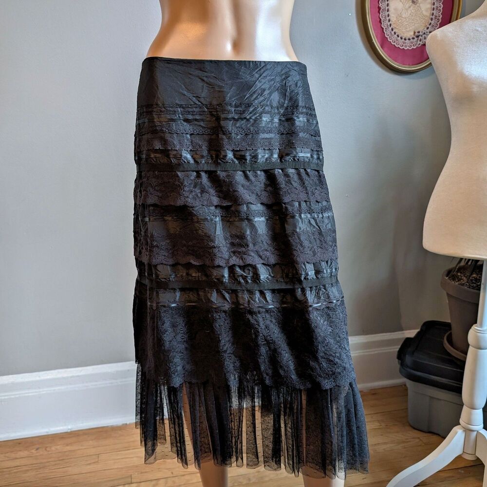 Vintage 90s Y2K Express Midi Skirt Black Lace Tiered Fairycore Whimsygoth 3